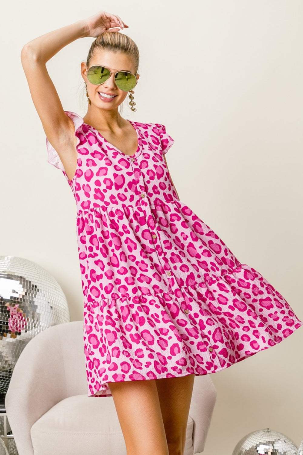 BiBi Leopard Cap Sleeve Tiered Mini Dress - Trendsi - Flyclothing LLC