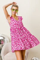 BiBi Leopard Cap Sleeve Tiered Mini Dress - Trendsi