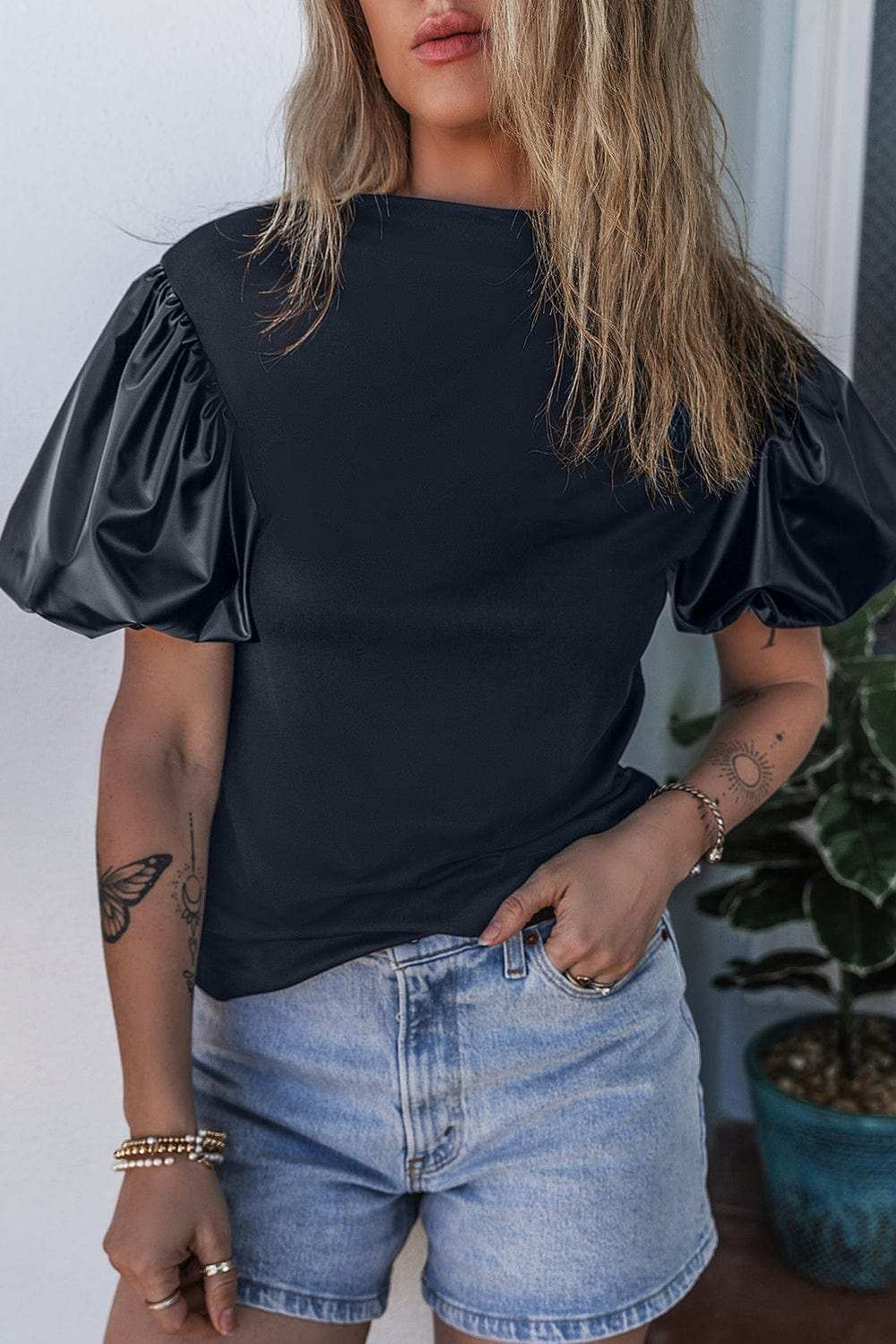 Round Neck Puff Sleeve Blouse - Trendsi - Flyclothing LLC