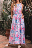 Floral Printed Sleeveless O Neck Knot Waist Dress - Trendsi
