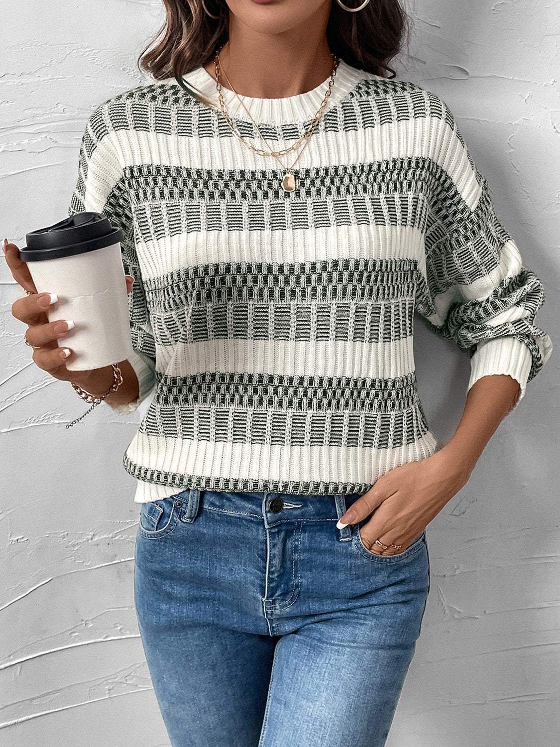 Perfee Contrast Round Neck Long Sleeve Sweater - Trendsi - Flyclothing LLC
