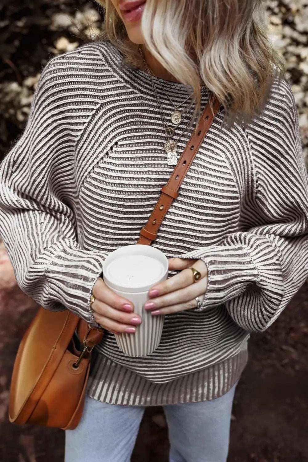 Textured Striped Round Neck Long Sleeve Top - Trendsi - Flyclothing LLC