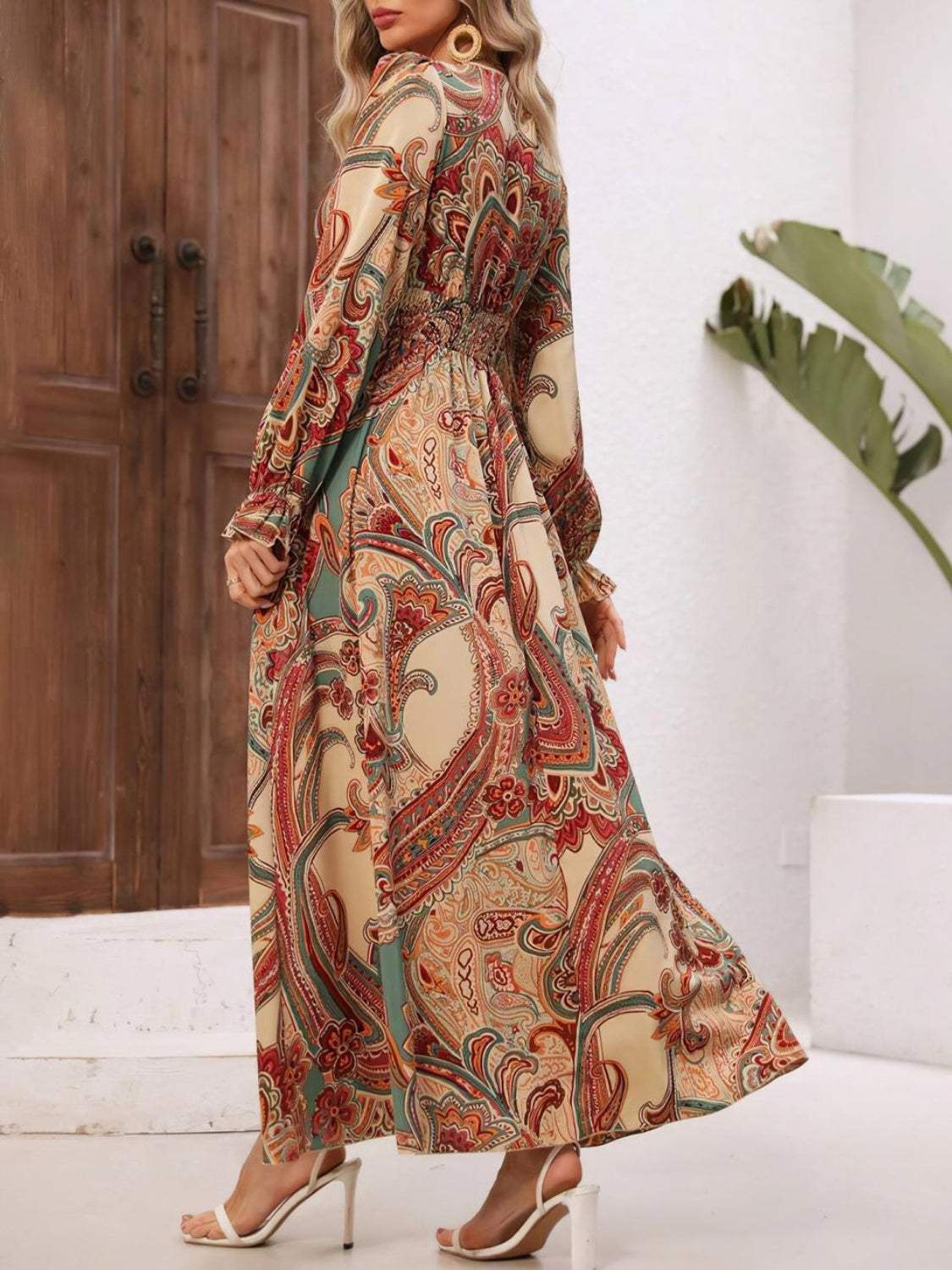 Smocked Printed V-Neck Flounce Sleeve Dress - Trendsi - Flyclothing LLC