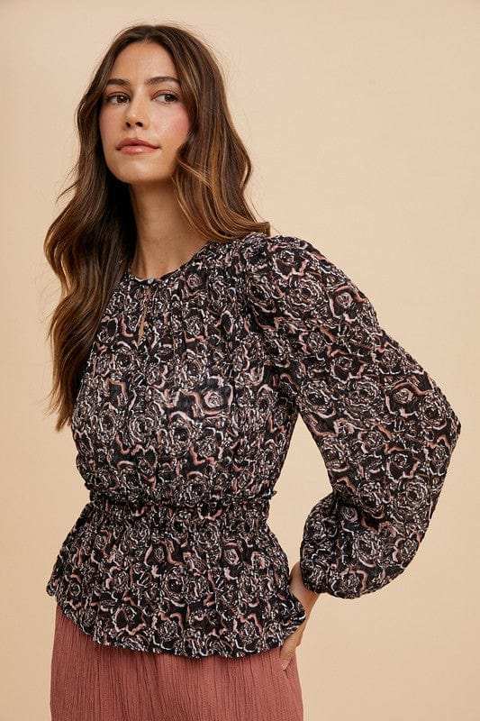 Annie Wear Abstract Print Balloon Sleeve Peplum Blouse - Trendsi - Flyclothing LLC