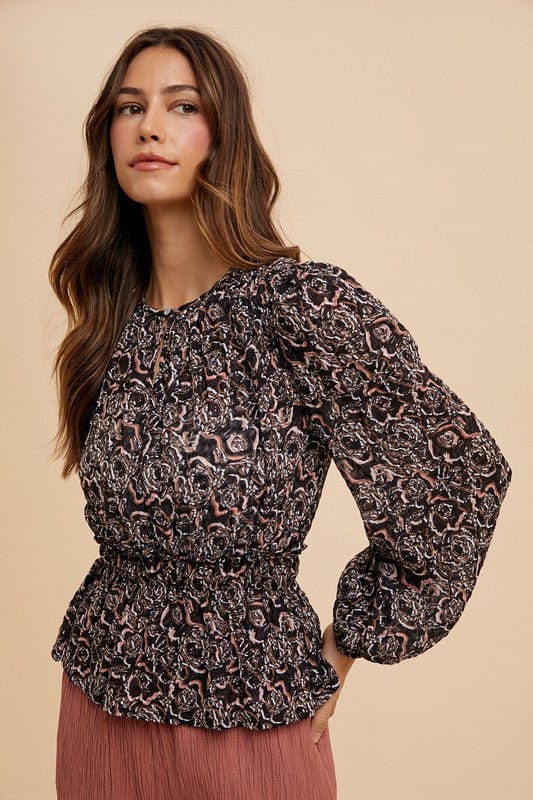 Annie Wear Abstract Print Balloon Sleeve Peplum Blouse - Trendsi
