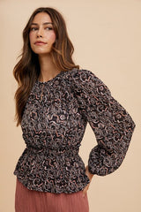 Annie Wear Abstract Print Balloon Sleeve Peplum Blouse - Trendsi