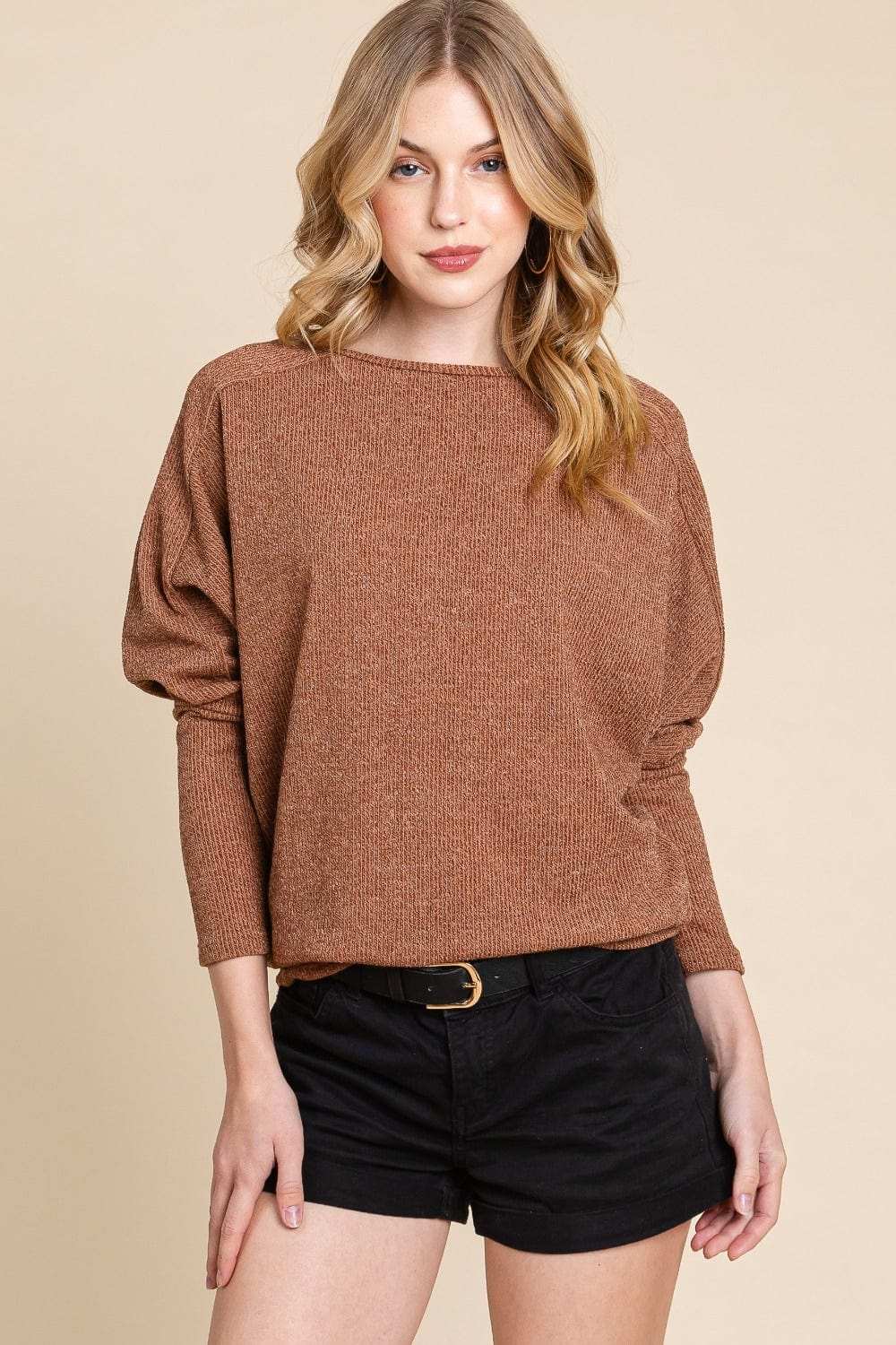 BOMBOM Drop Shoulder Long Sleeve Knit Top - Trendsi - Flyclothing LLC