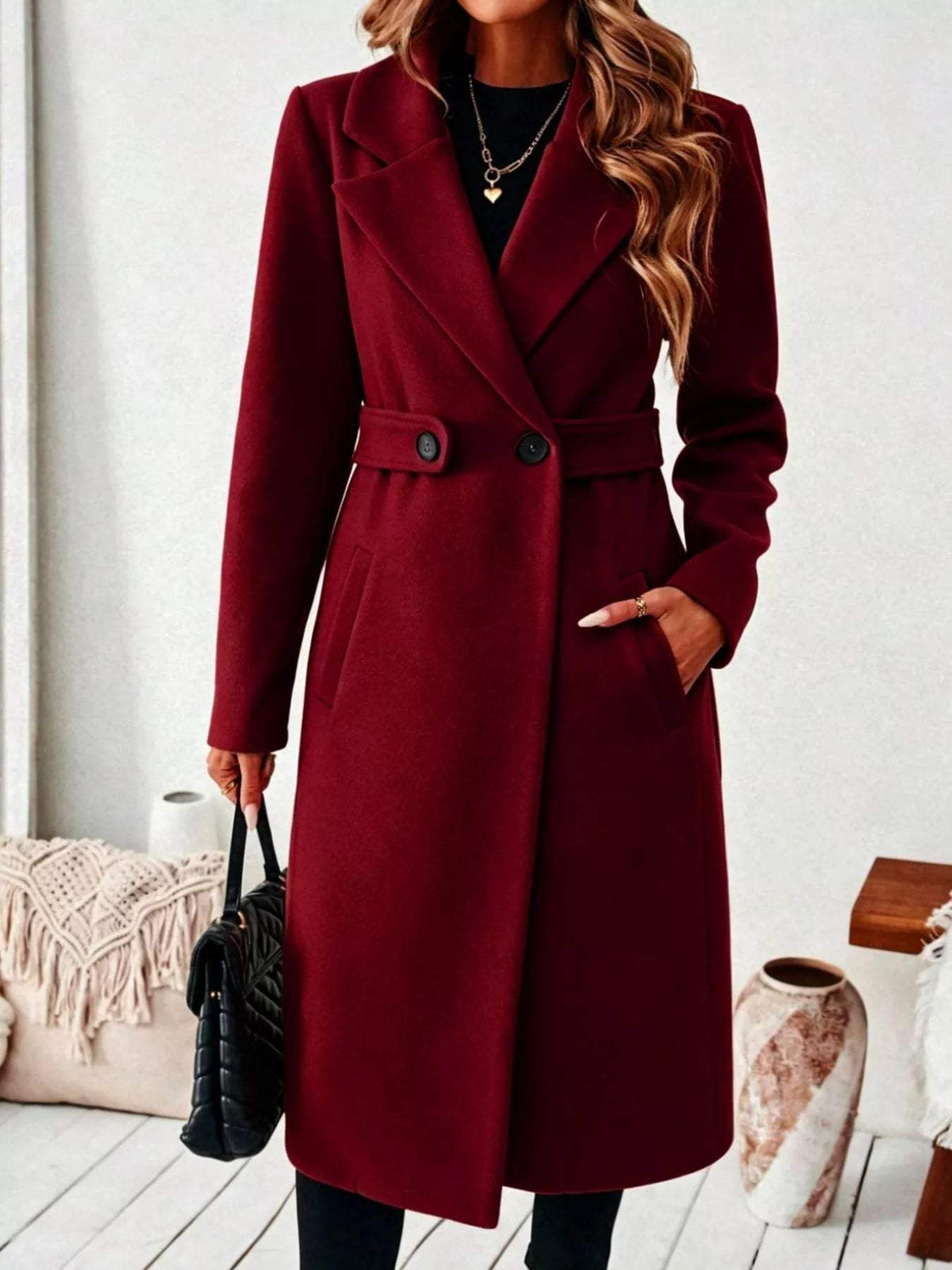 Full Size Elegant Lapel Collar Belted Coat with Pockets Plus Size - Trendsi - Flyclothing LLC