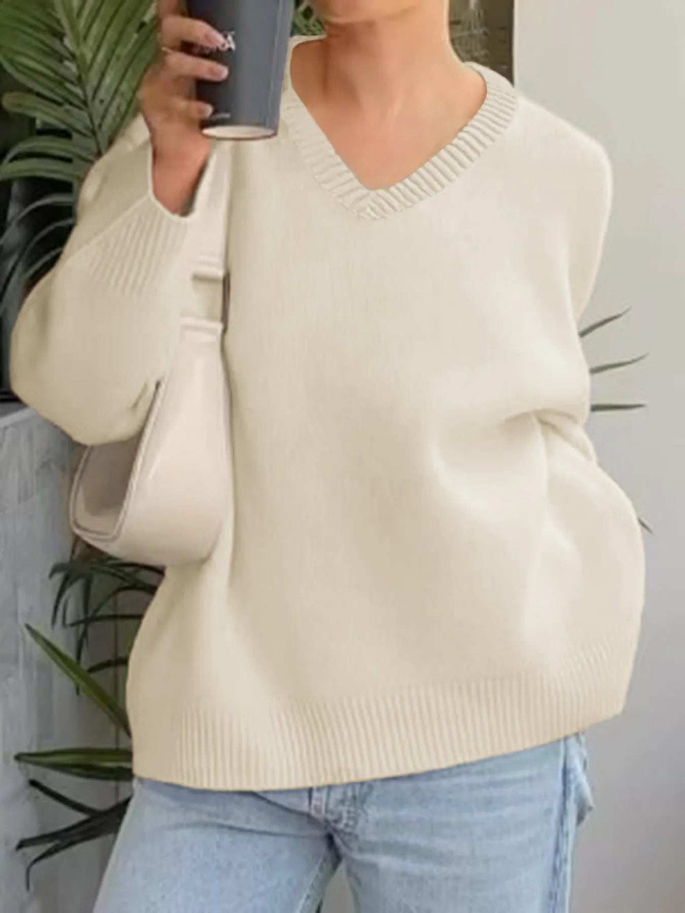 V-Neck Long Sleeve Sweater - Trendsi - Flyclothing LLC