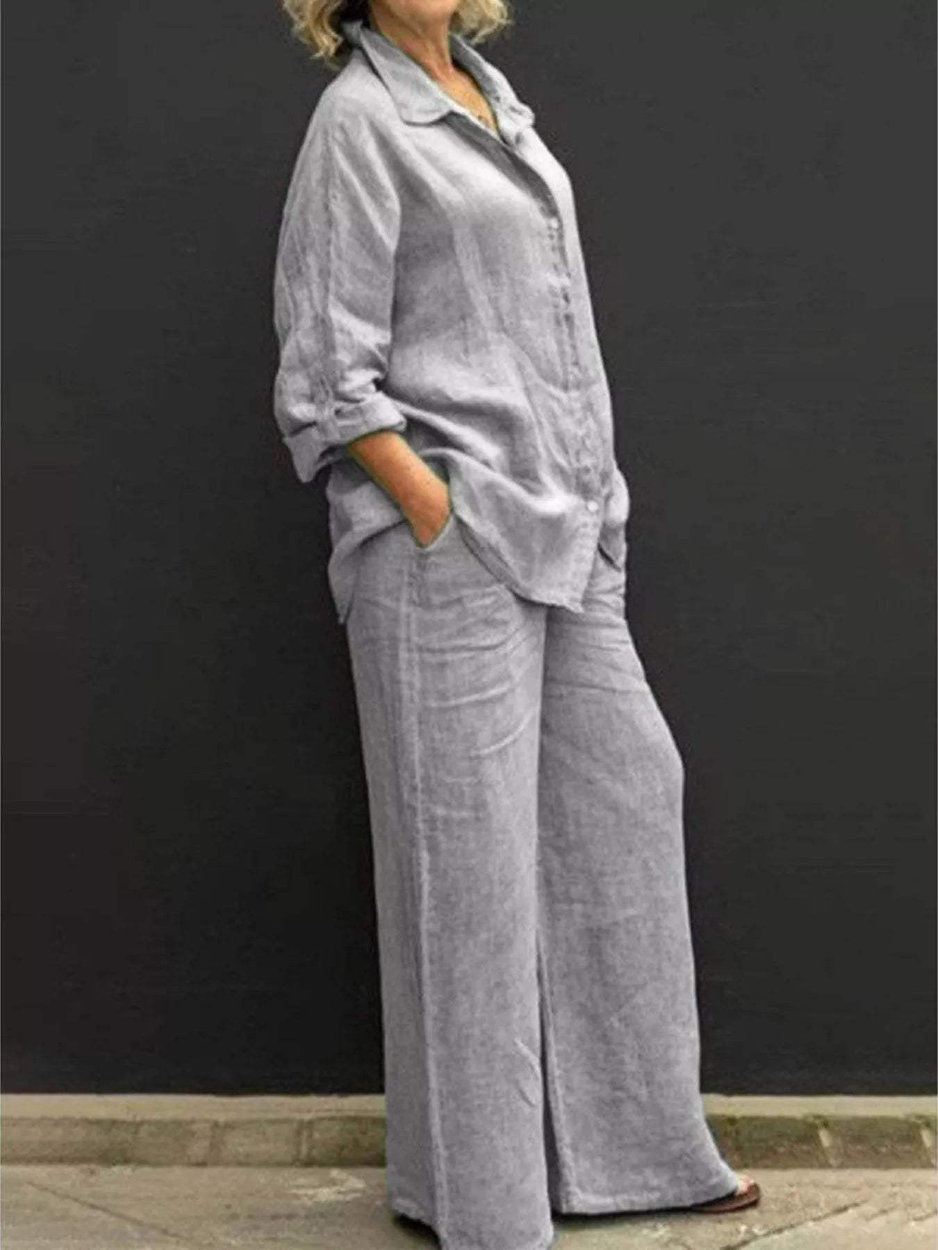 Full Size Long Sleeve Shirt and Pants Set Plus Size - Trendsi - Flyclothing LLC