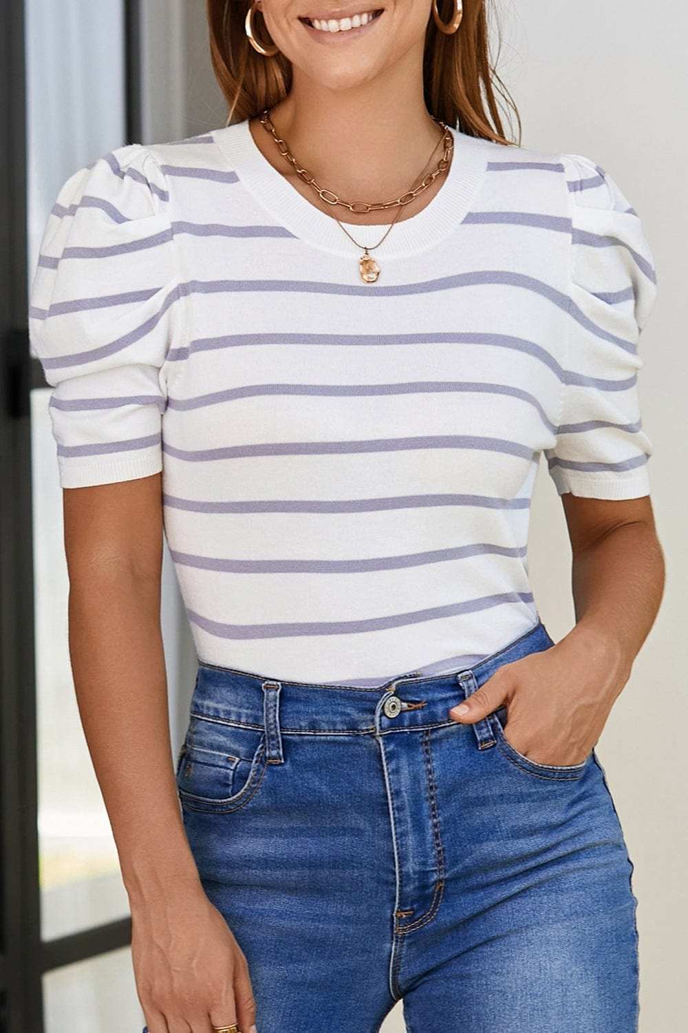 Striped Round Neck Puff Sleeve Knit Top - Trendsi - Flyclothing LLC