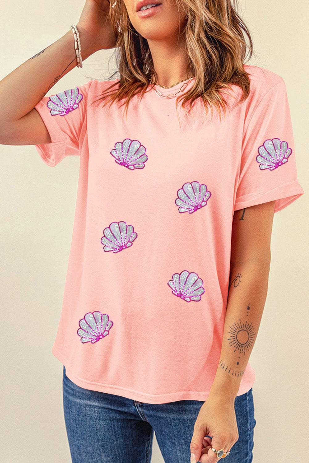 Shell Round Neck Short Sleeve T-Shirt - Trendsi - Flyclothing LLC