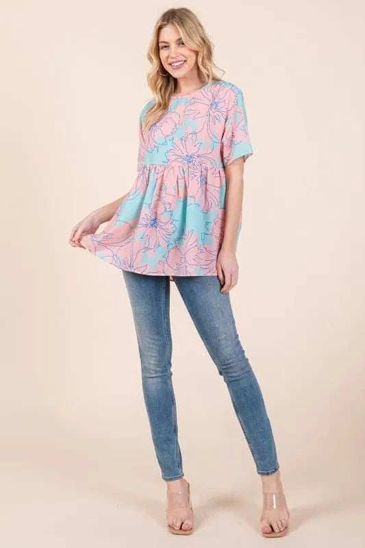 BOMBOM Floral Babydoll Tunic Top - Trendsi - Flyclothing LLC