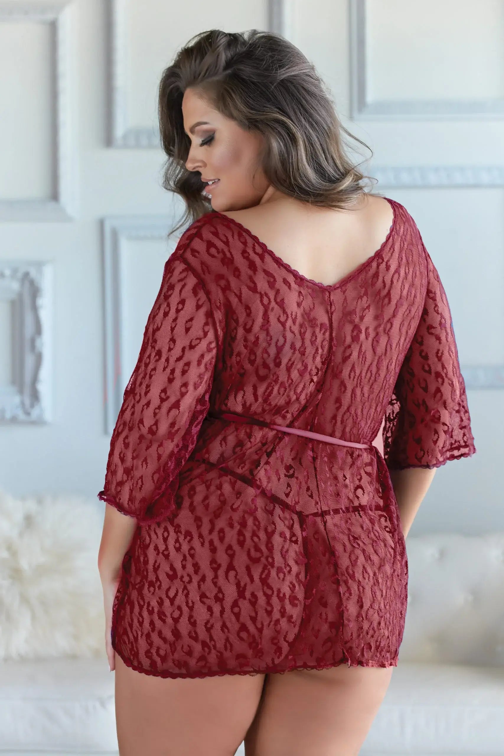 Allure Lingerie Valentina Leopard Lace Robe with G-string - Allure Lingerie - Flyclothing LLC