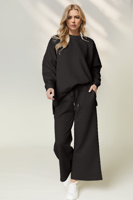 Double Take Checkered Slit High-Low Round Neck Top and Wide Leg Pants Set - Trendsi
