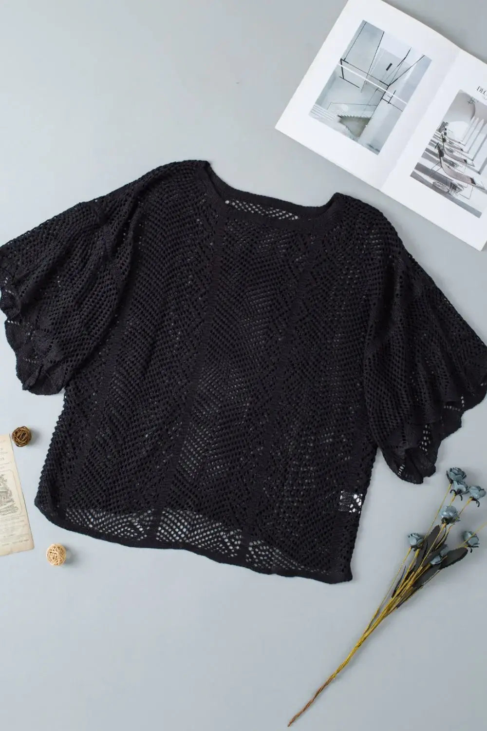Scallop Edge Half Sleeve Pointelle Knit Top - Trendsi - Flyclothing LLC