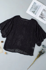 Scallop Edge Half Sleeve Pointelle Knit Top - Trendsi - Flyclothing LLC