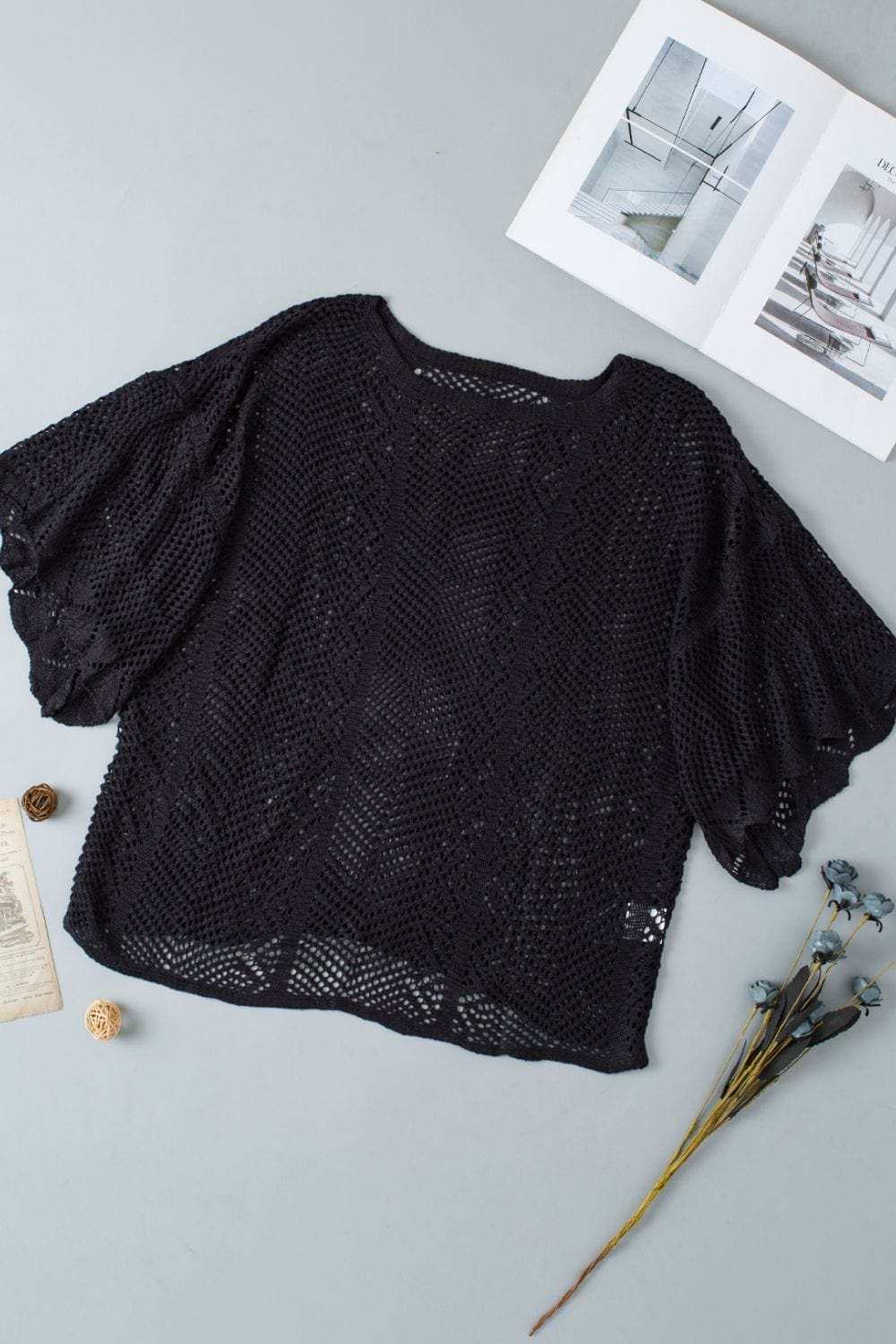 Scallop Edge Half Sleeve Pointelle Knit Top - Trendsi - Flyclothing LLC