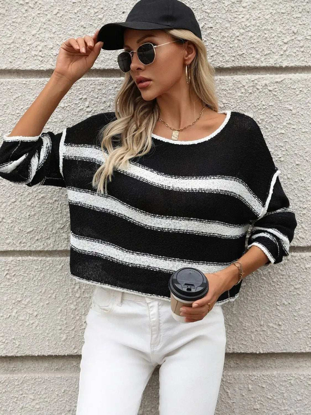 Striped Round Neck Long Sleeve Sweater - Trendsi - Flyclothing LLC