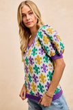 BiBi Mardi Gras Fleur De Lis Patterned V Neck Knit Top - Trendsi - Flyclothing LLC