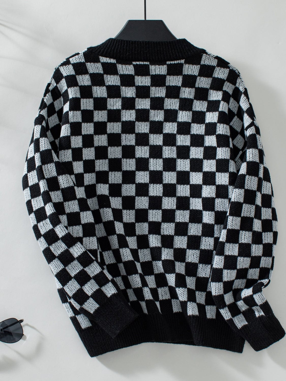 Checkered V-Neck Dropped Shoulder Sweater - Trendsi