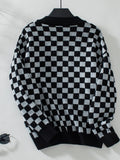 Checkered V-Neck Dropped Shoulder Sweater - Trendsi