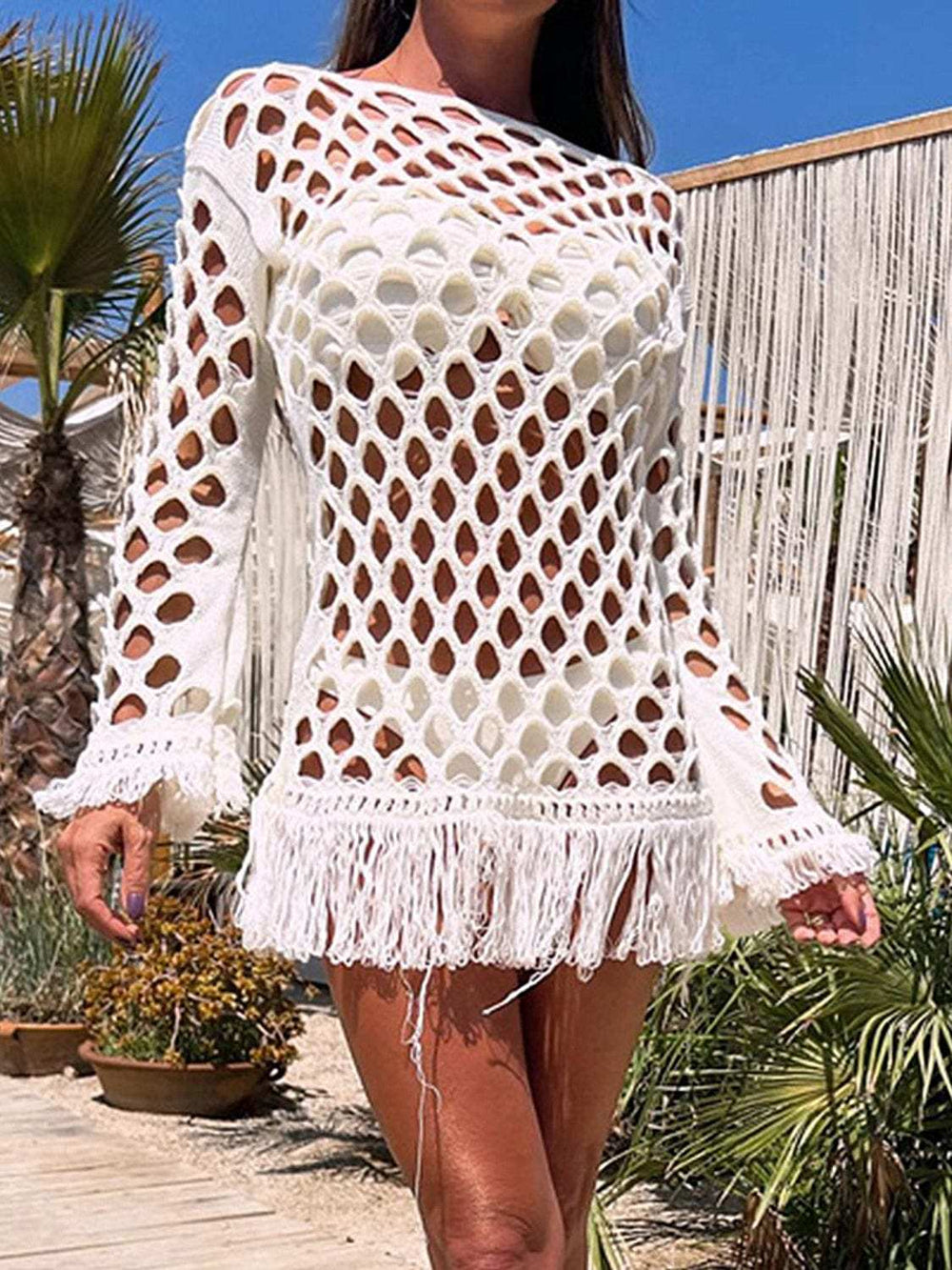 Fringe Cutout Long Sleeve Cover Up - Trendsi