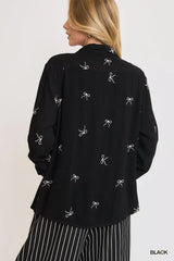 Umgee Linen Blend Fitted Shirt with Ribbon Embroidery Details - Trendsi - Flyclothing LLC