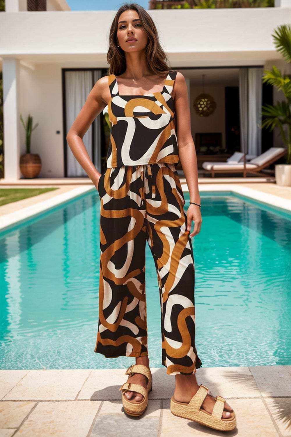 Printed Square Neck Top and Pants Set - Trendsi - Flyclothing LLC