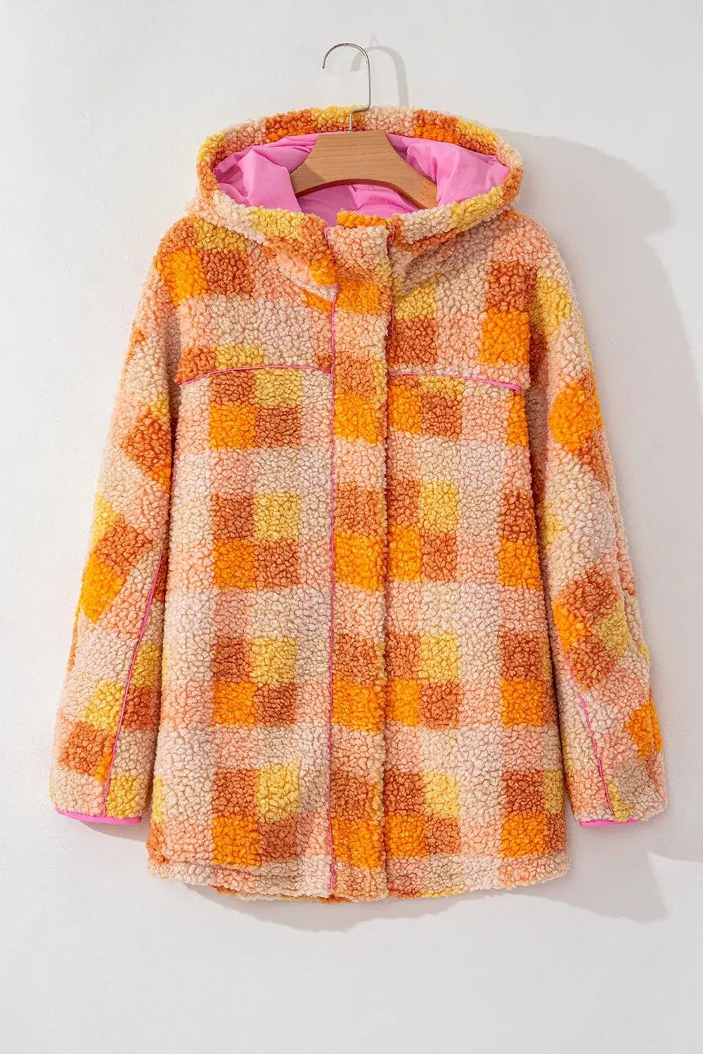 Checkered Long Sleeve Sherpa Hooded Jacket - Trendsi - Flyclothing LLC