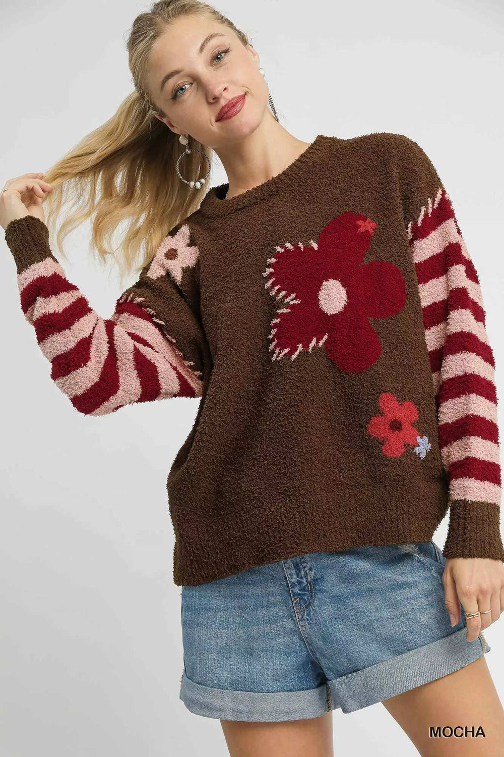 Umgee Flower Jacquard Striped Long Sleeve Sweater - Trendsi - Flyclothing LLC