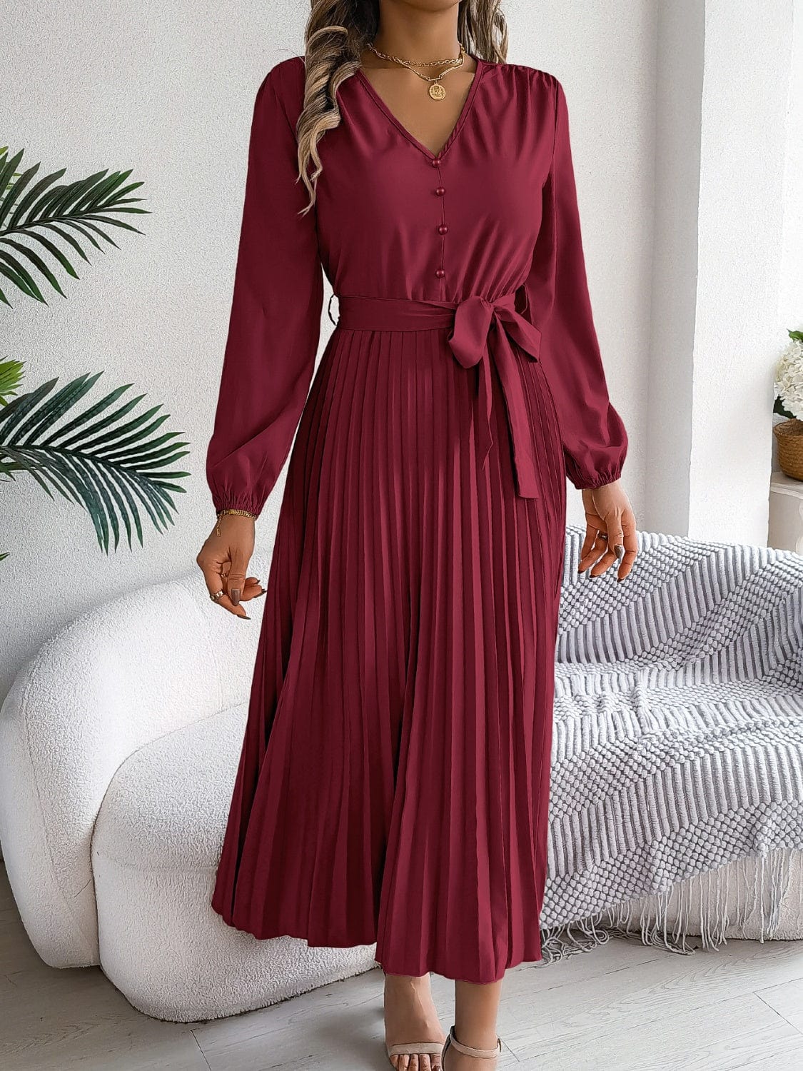 Pleated Tied V-Neck Long Sleeve Dress - Trendsi