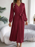 Pleated Tied V-Neck Long Sleeve Dress - Trendsi - Flyclothing LLC