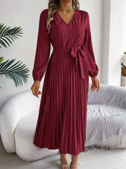 Pleated Tied V-Neck Long Sleeve Dress - Trendsi