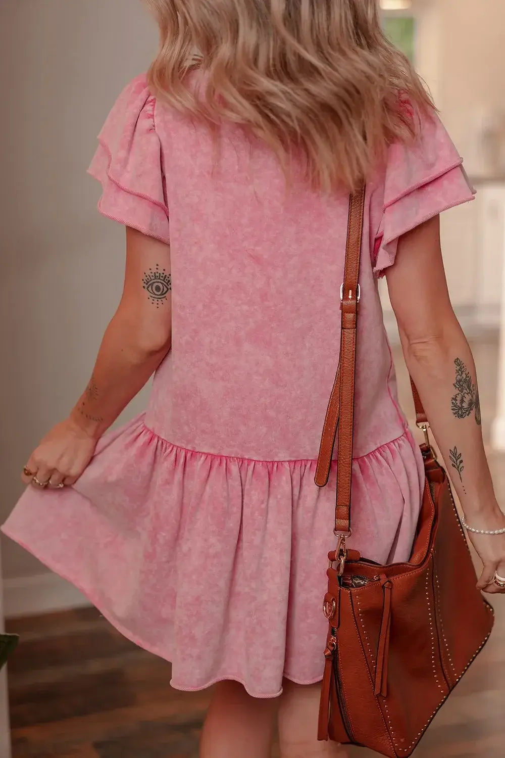 Mineral Wash Raw Edge Ruffle Mini Dress - Trendsi - Flyclothing LLC