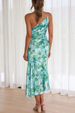 Ruched Printed Single Shoulder Midi Dress - Trendsi