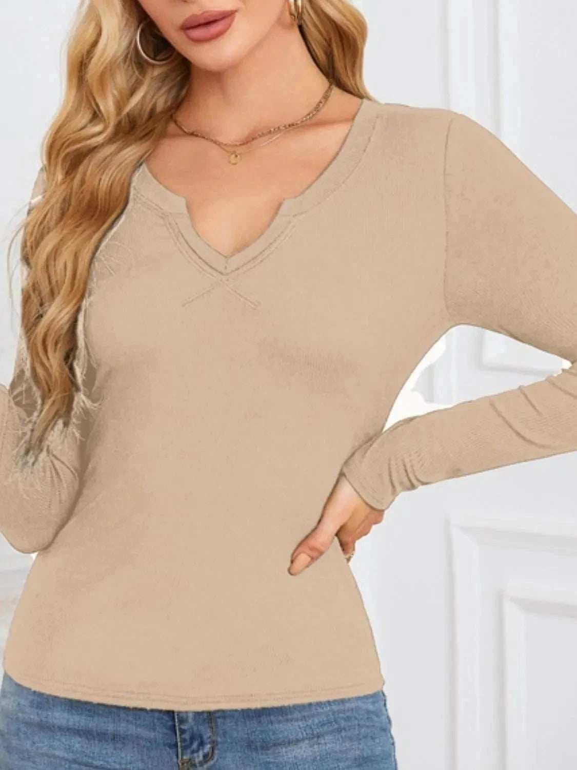 Notched Long Sleeve T-Shirt - Trendsi - Flyclothing LLC