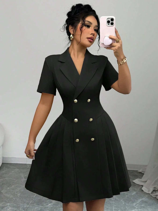 Double-Breasted Short Sleeve Dress - Trendsi - Flyclothing LLC