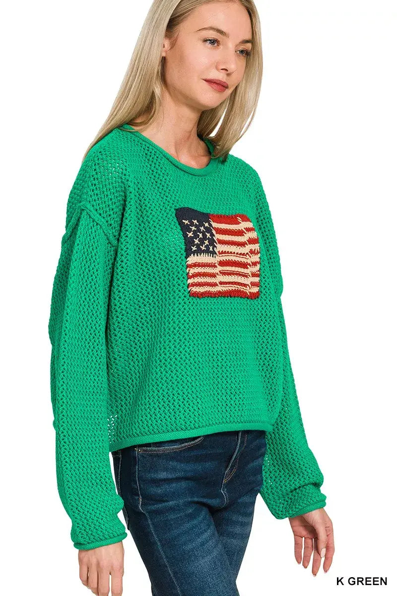 Zenana American Flag Crew Neck Sweater - Trendsi - Flyclothing LLC