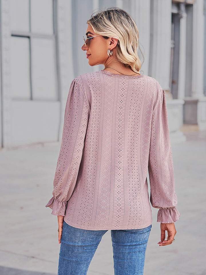 Eyelet V-Neck Flounce Sleeve Blouse - Trendsi - Flyclothing LLC