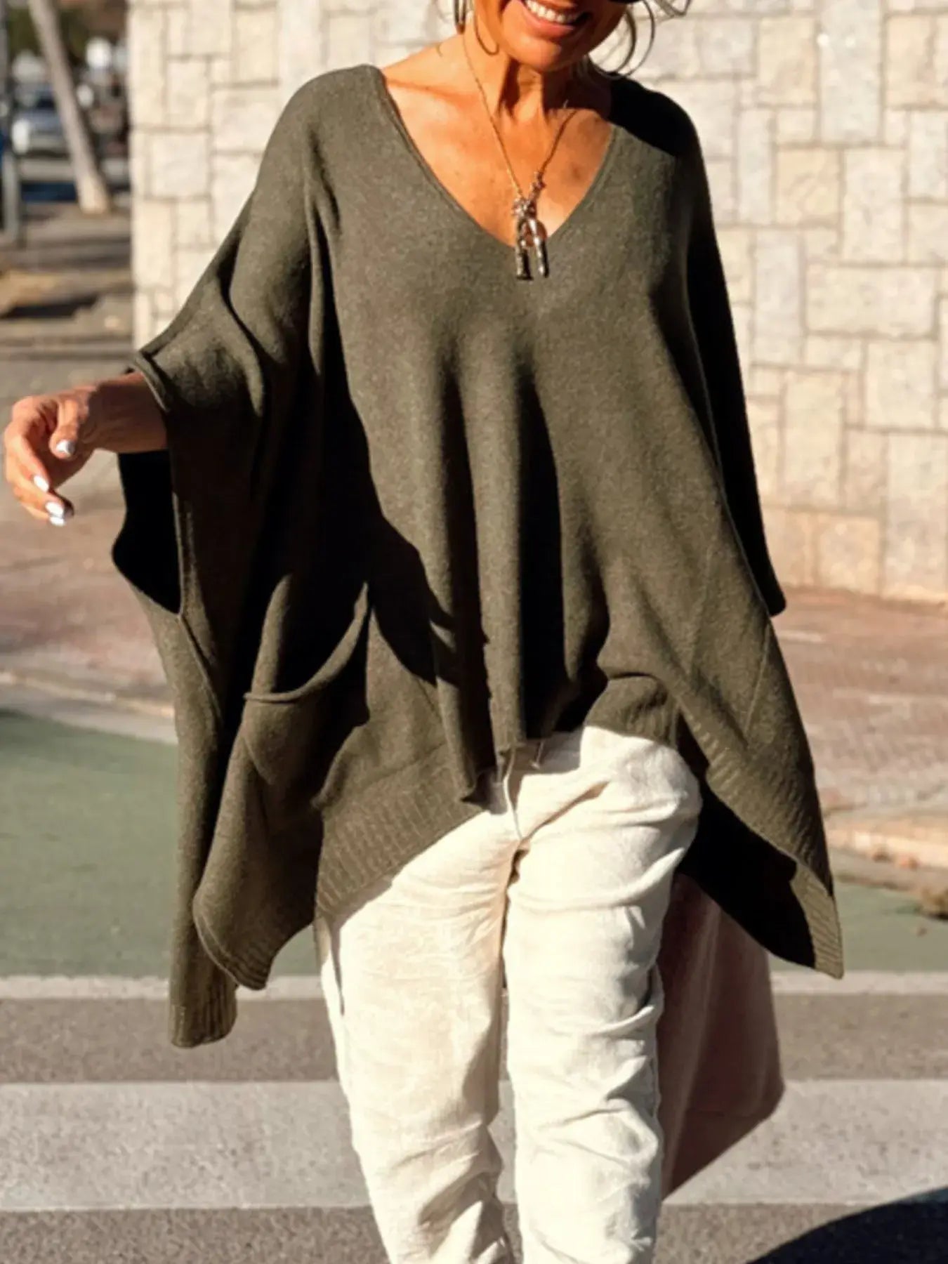Ribbed Hem V-Neck Sweater - Trendsi - Flyclothing LLC