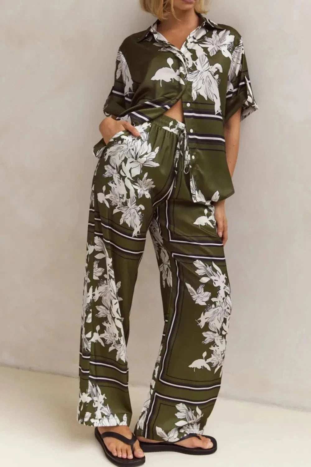 Printed Button Up Shirt and Pants Set - Trendsi - Flyclothing LLC