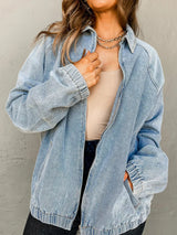 Elastic Edge Collared Zip Up Denim Jacket With Pocket - Trendsi - Flyclothing LLC