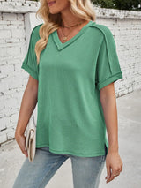 Cord Ribbed V-Neck Short Sleeve T-Shirt - Trendsi - Flyclothing LLC