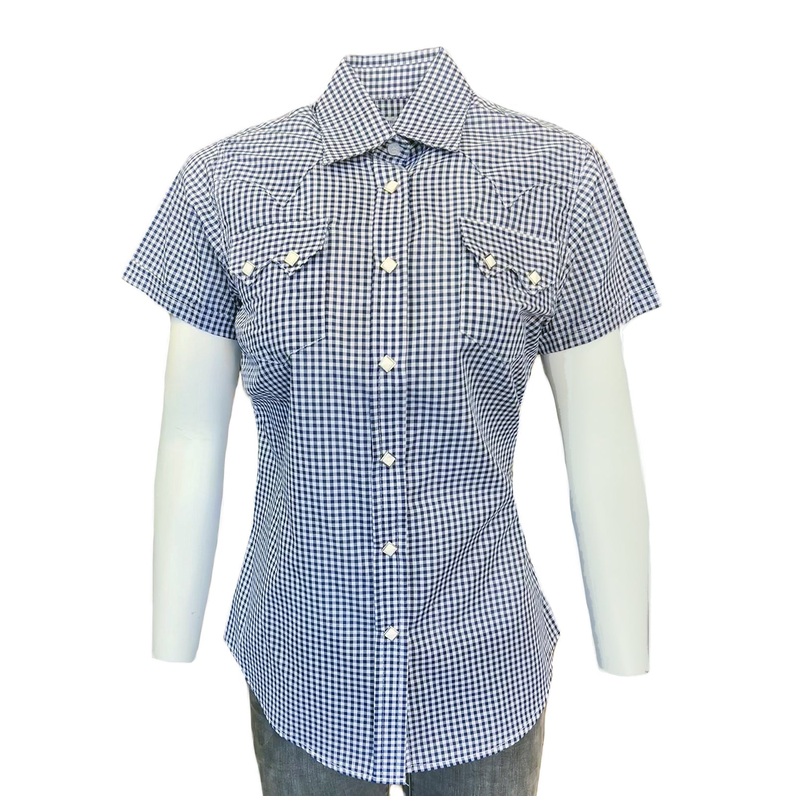 Rockmount Ranch Wear Women's Short Sleeve Navy Gingham Check Western Shirt - Rockmount Clothing - Flyclothing LLC