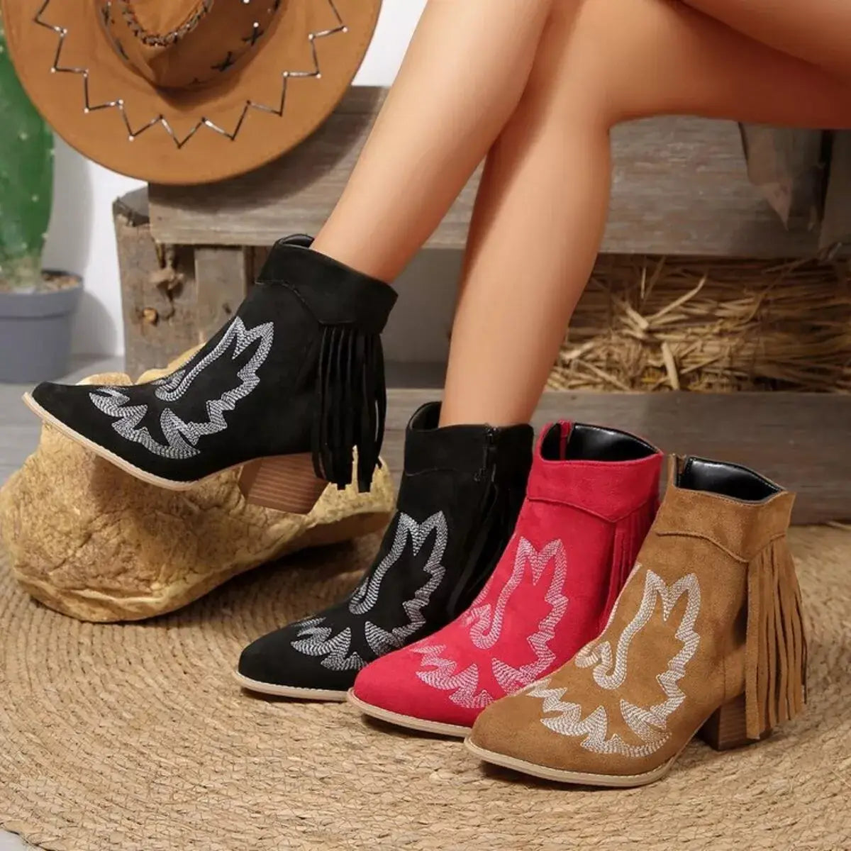 Fringe Point Toe Block Heels Boots - Trendsi - Flyclothing LLC