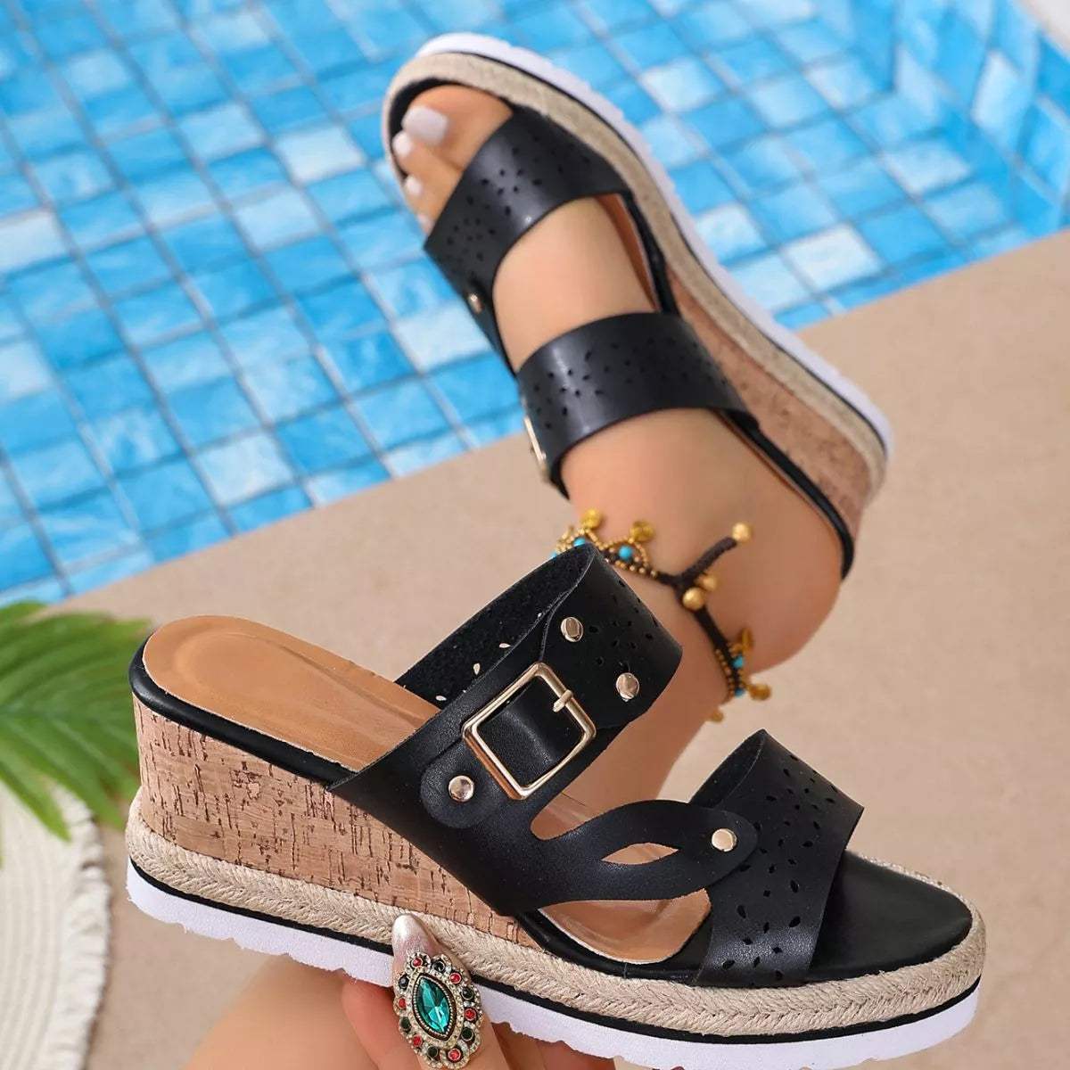 Open Toe Wedge Sandals - Trendsi - Flyclothing LLC