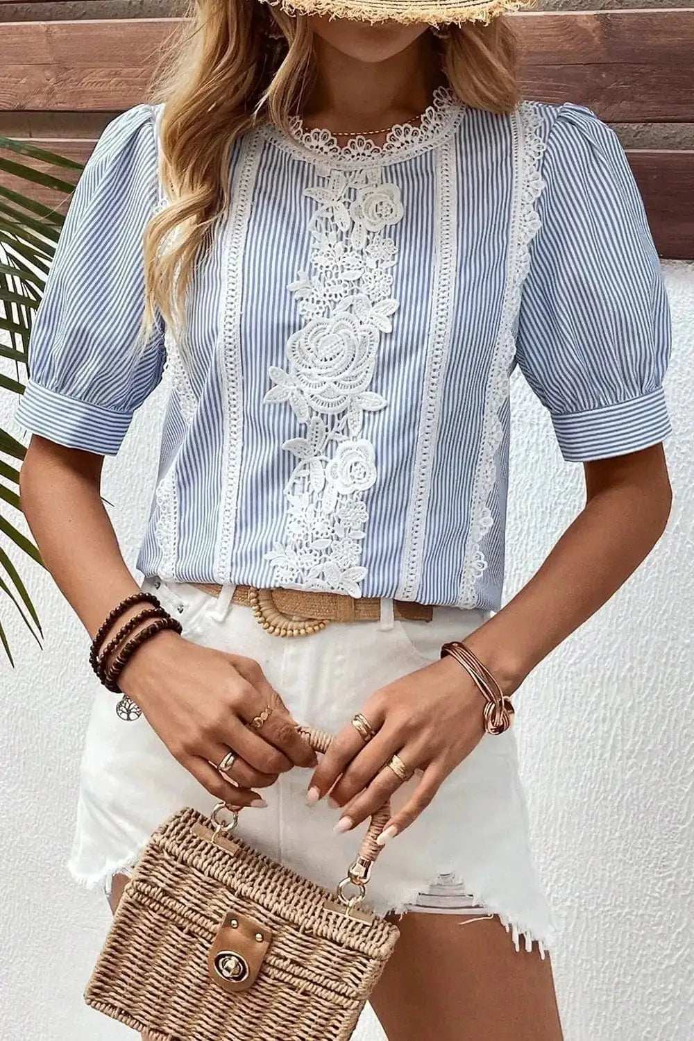 Lace Detail Striped Round Neck Half Sleeve Blouse - Trendsi - Flyclothing LLC