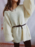 Boat Neck Long Sleeve Sweater with Belt - Trendsi - Flyclothing LLC