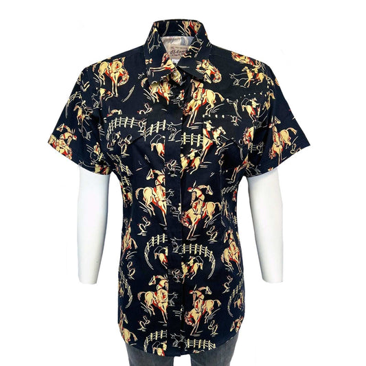 Rockmount Ranch Ware Womenâs Vintage Bronc Print Short Sleeve Black Western Shirt - Rockmount Clothing - Flyclothing LLC